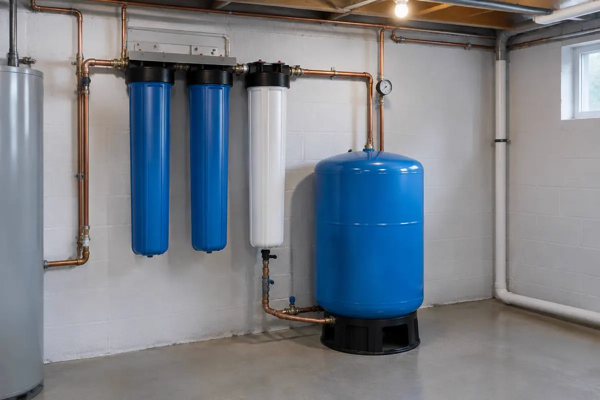 A whole-house water filter system with blue canisters installed in a basement
