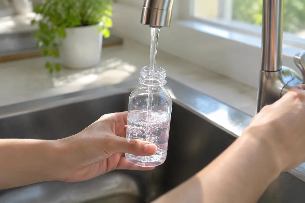 Hands filling a clear water sample bottle at a kitchen tap