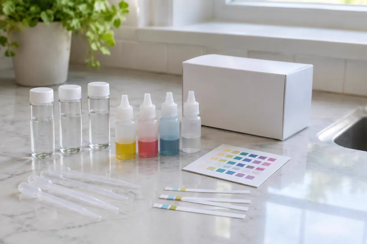 A home water test kit with sample vials and test strips on a kitchen counter